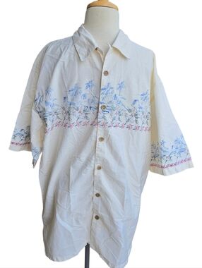 OP SPORT MENS XL SHIRT 100% COTTON, CREAM W SUBTLE HAWAIIAN PRINT, RESORTWEAR